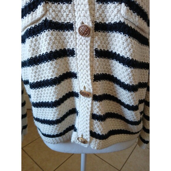 Dazy Womens Cardigan Sweater White Black Striped Size Medium Button Pockets - Picture 11 of 16